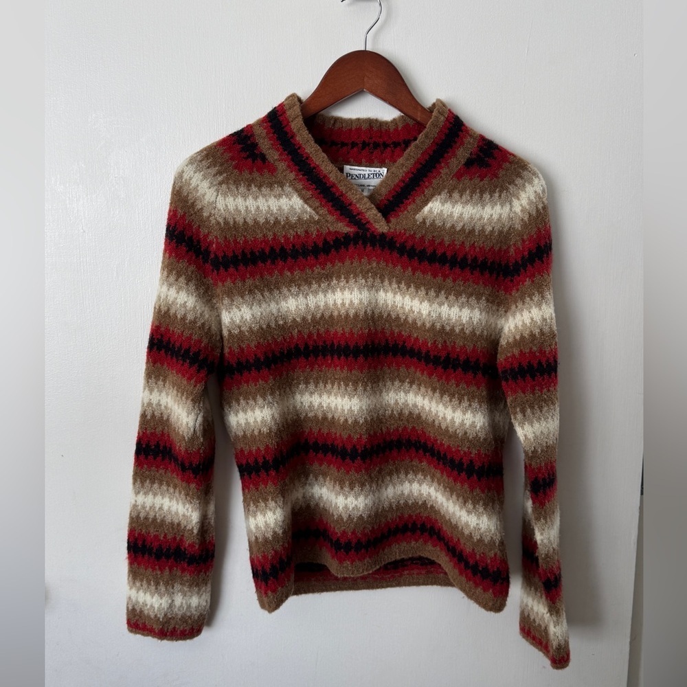 Pendleton V-Neck Merino Wool Sweater - Red, Brown, and Cream